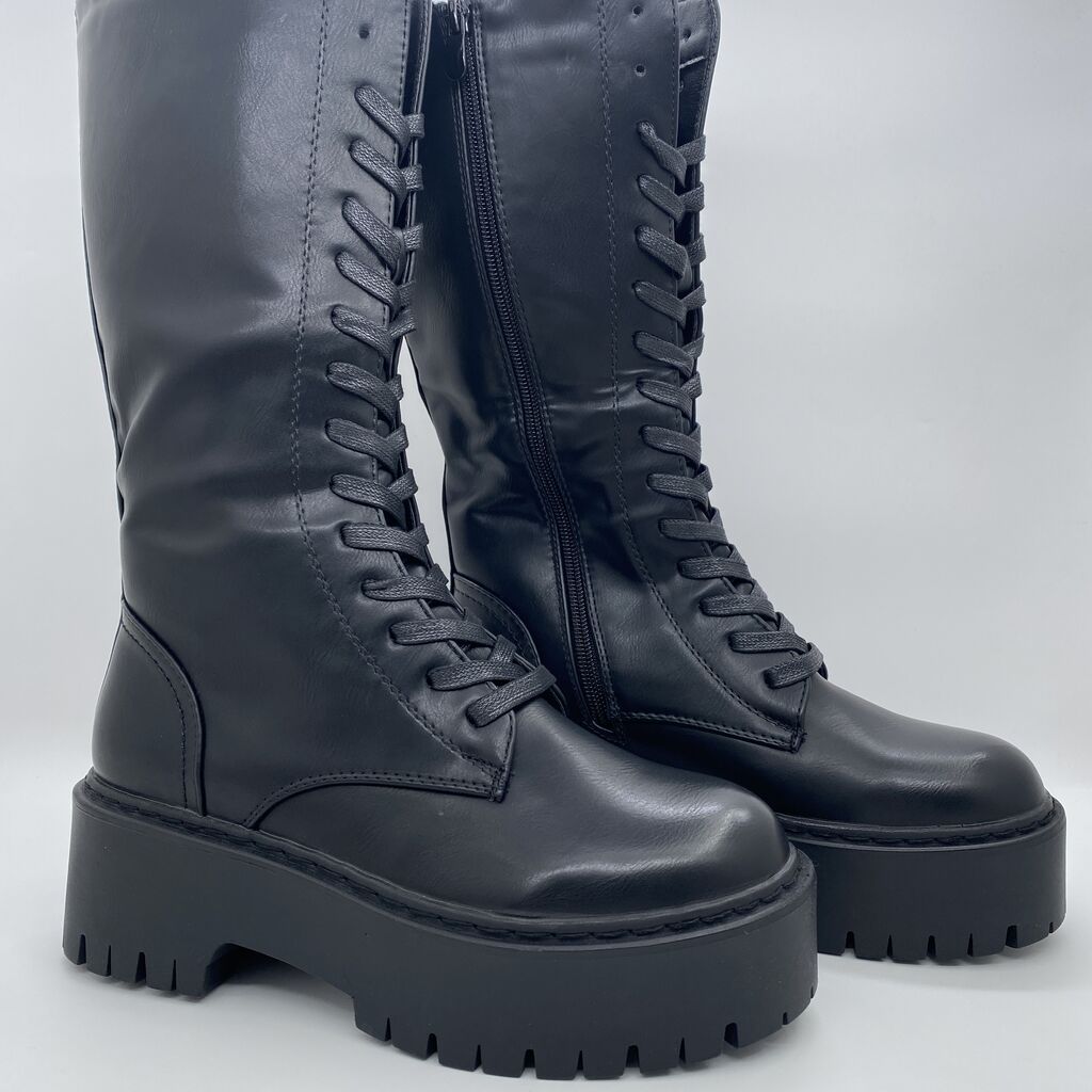 Black Platform Combat Boots with Lug Sole