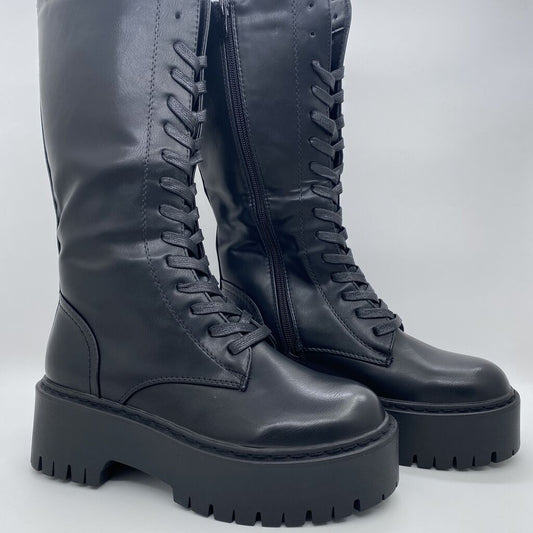 Black Platform Combat Boots with Lug Sole