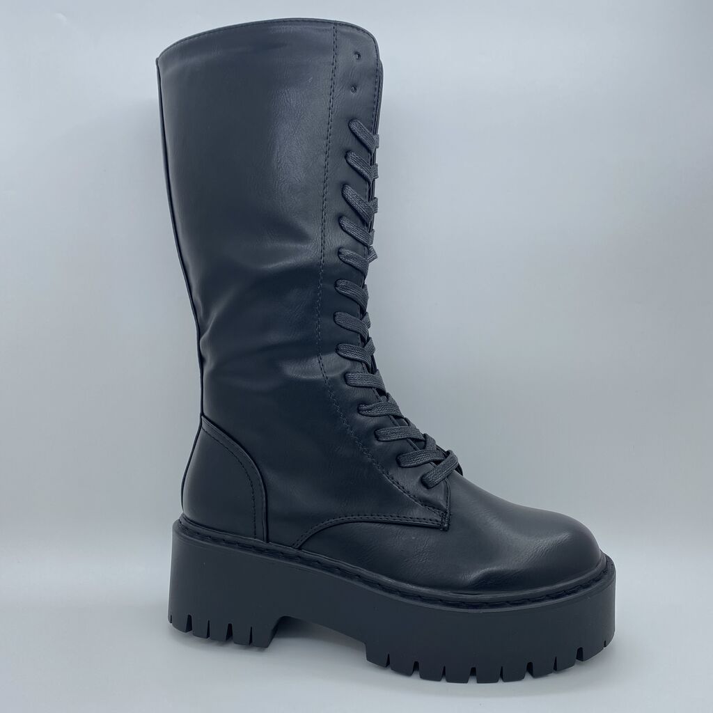 Black Platform Combat Boots with Lug Sole