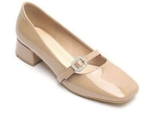 Beige Patent Leather Block Heel with Buckle Detail