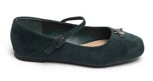 Dark Green Suede Mary Jane Flats with Brooch