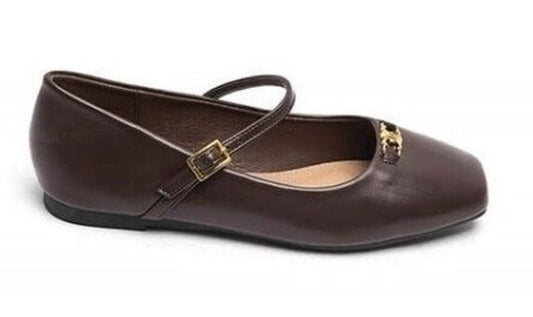 Brown Leather Mary Jane Ballet Flat with Strap
