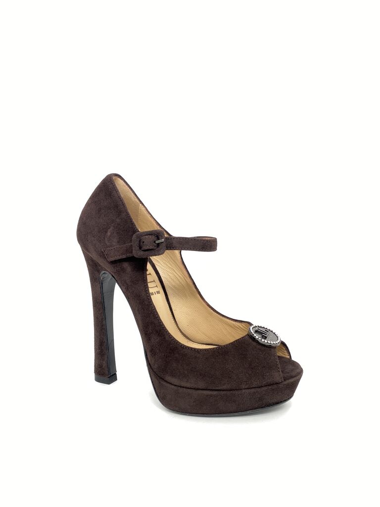 Brown Suede Platform Peep Toe Heels with Buckle