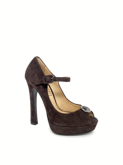 Brown Suede Platform Peep Toe Heels with Buckle