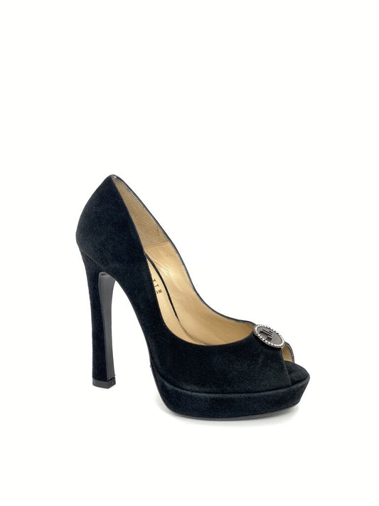 Black Suede Peep Toe Pump with Embellished Detail