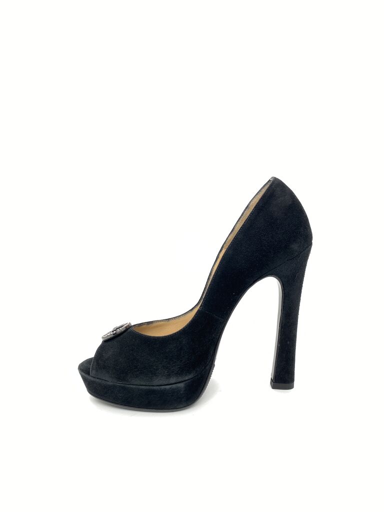 Black Suede Peep Toe Pump with Embellished Detail