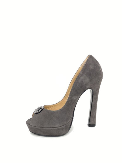 Gray Suede Platform Pump with Embellishment