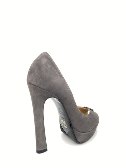 Gray Suede Platform Pump with Embellishment