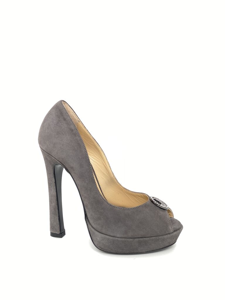 Gray Suede Platform Pump with Embellishment