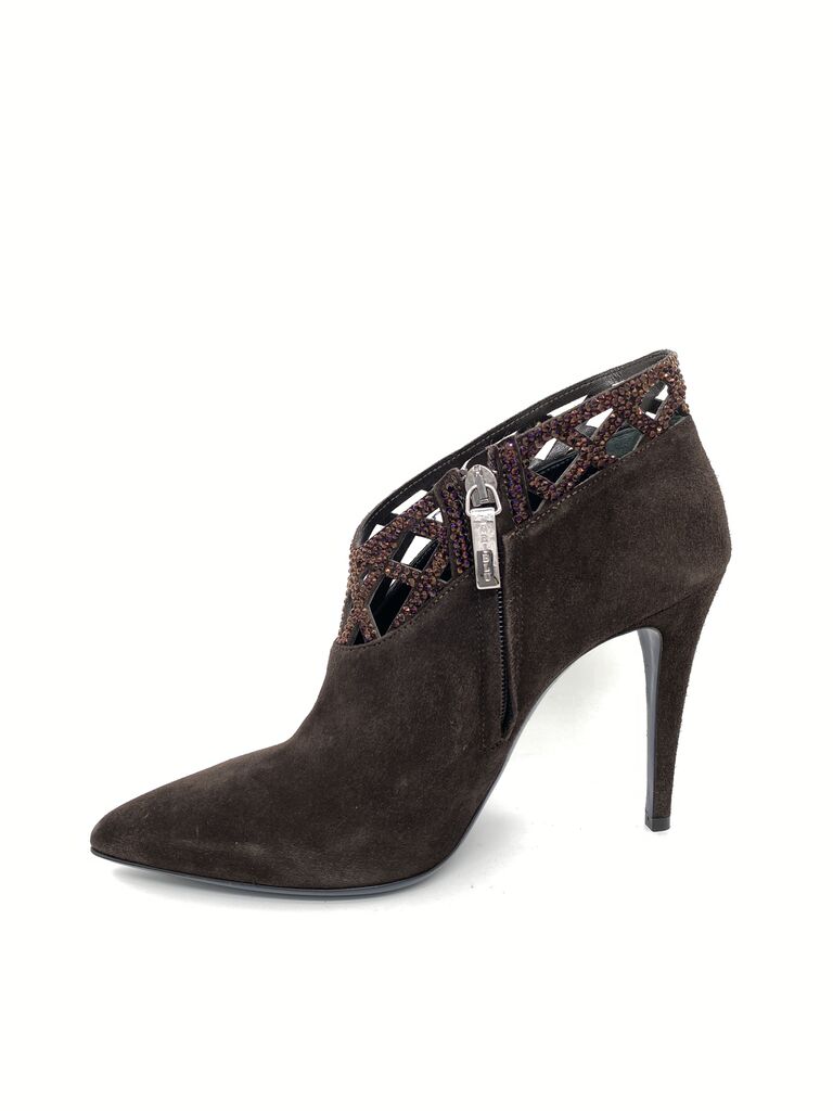 Brown Suede Ankle Bootie with Cutout Detail