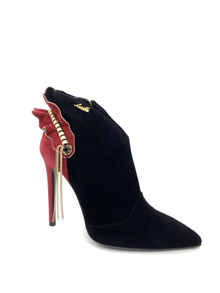 Black Suede Ankle Boot with Gold Accents