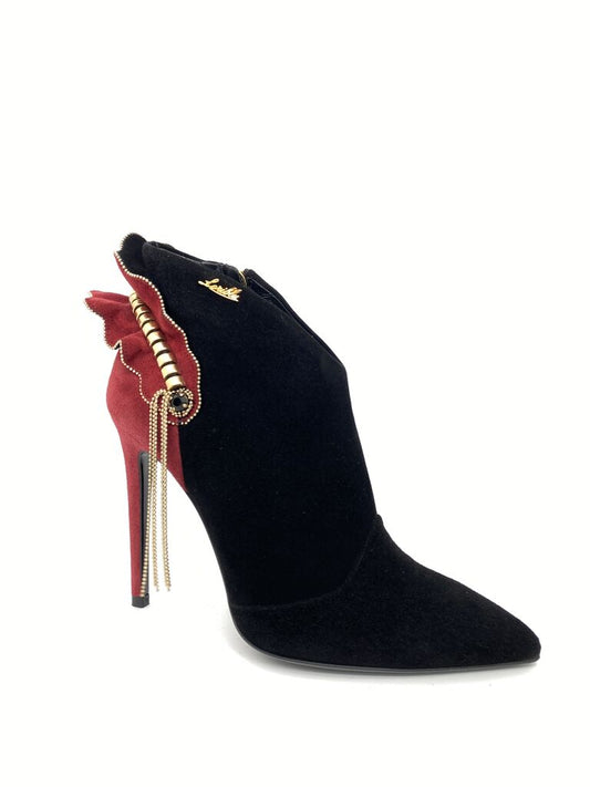Black Suede Ankle Boot with Gold Accents