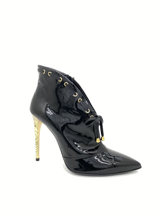 Black Patent High-Heel Ankle Boot with Gold Detail