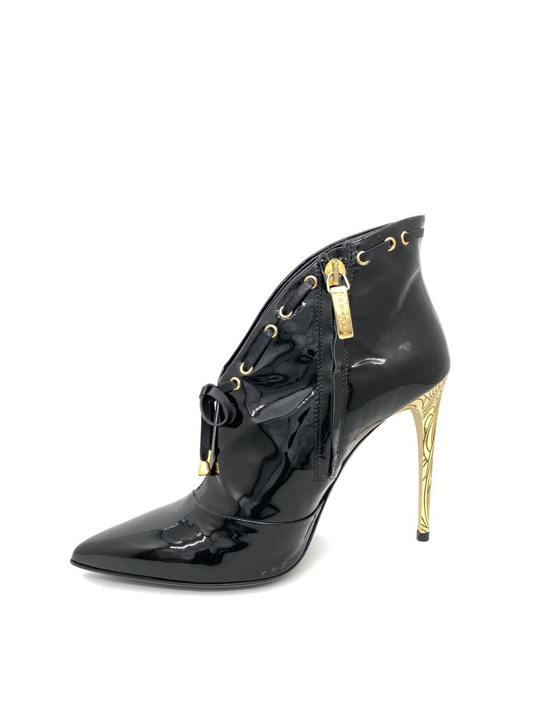 Black Patent High-Heel Ankle Boot with Gold Detail