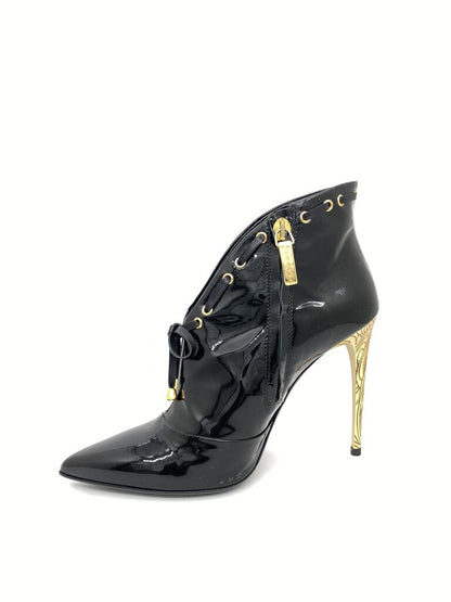 Black Patent High-Heel Ankle Boot with Gold Detail