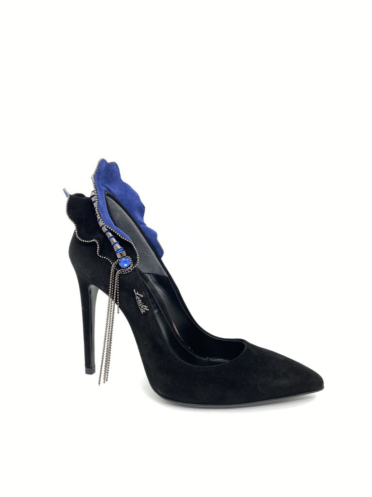 Black Suede Heels with Blue Embellished Accent