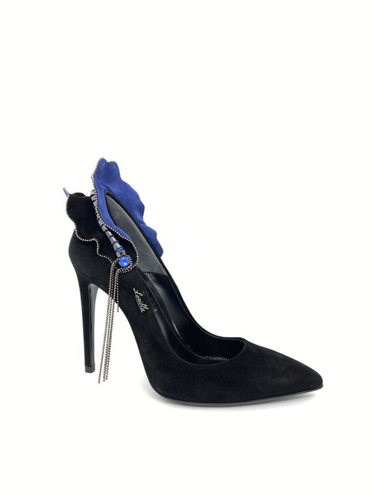 Black Suede Heels with Blue Embellished Accent