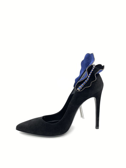 Black Suede Heels with Blue Embellished Accent