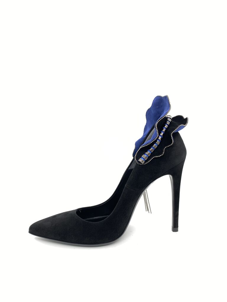 Black Suede Heels with Blue Embellished Accent