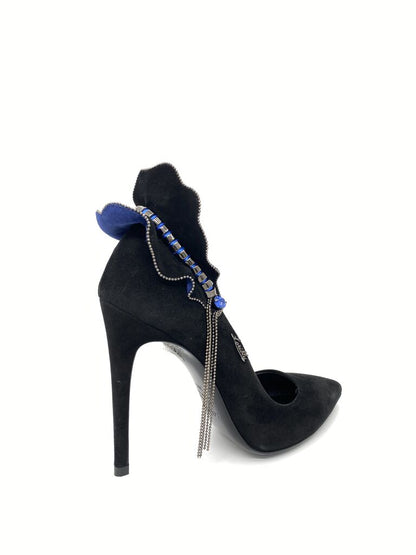 Black Suede Heels with Blue Embellished Accent
