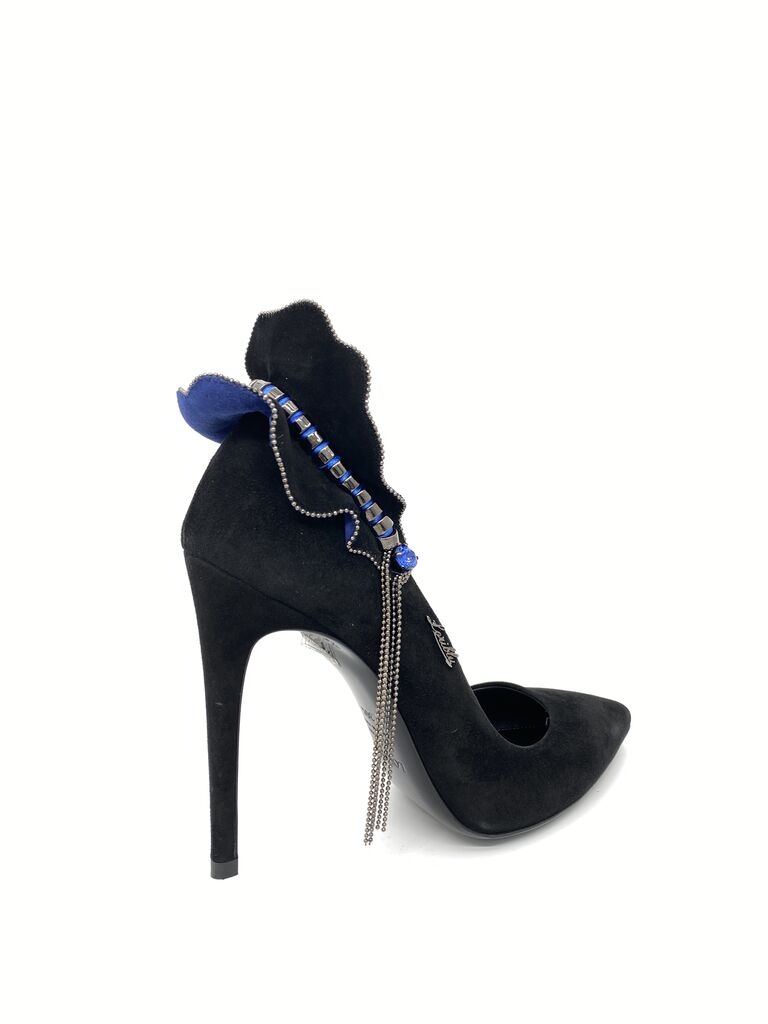 Black Suede Heels with Blue Embellished Accent