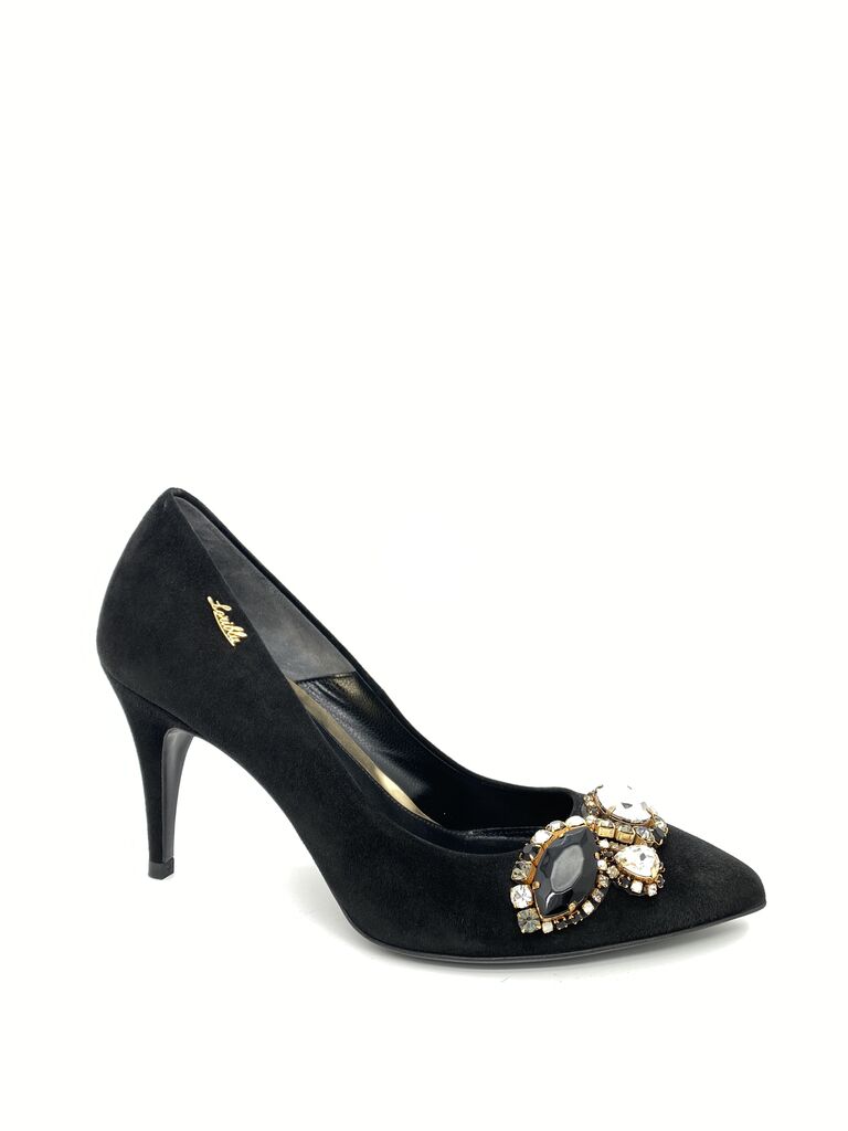 Black Suede Pumps with Decorative Gemstones