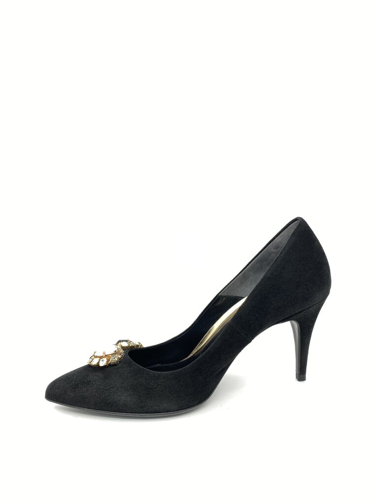 Black Suede Pumps with Decorative Gemstones