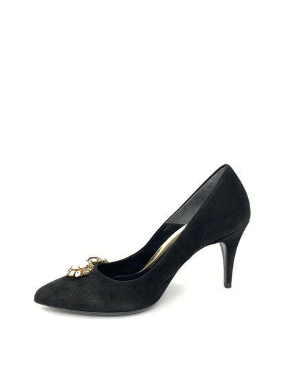 Black Suede Pumps with Decorative Gemstones