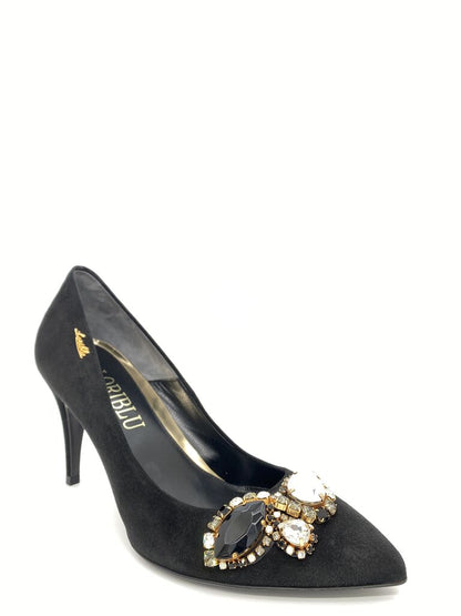 Black Suede Pumps with Decorative Gemstones