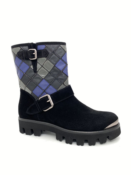 Black Quilted Leather Boots with Buckle Accent
