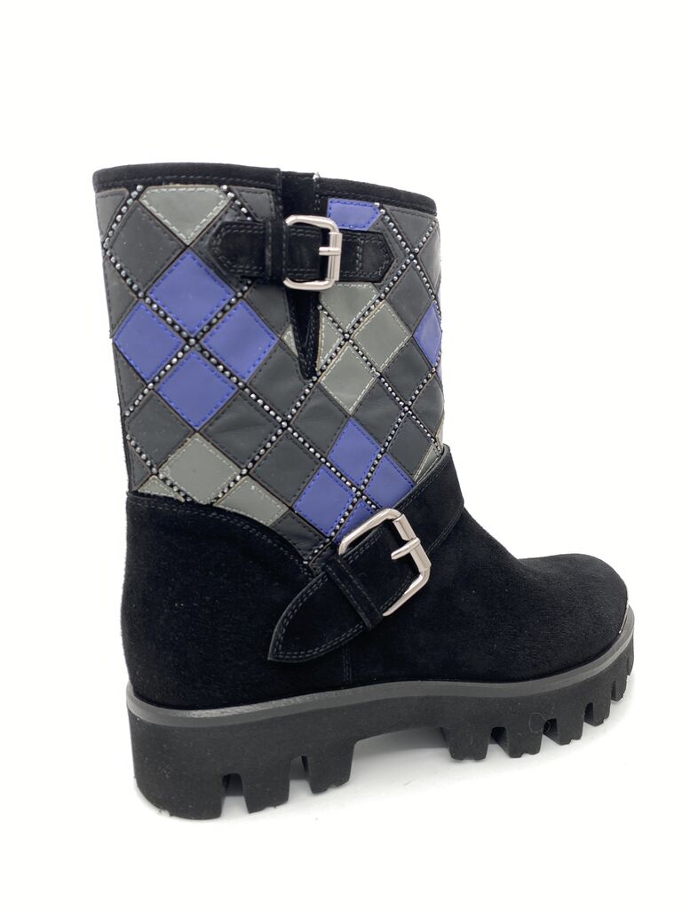 Black Quilted Leather Boots with Buckle Accent
