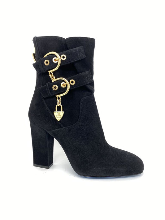 Black Suede Ankle Boot with Gold Accents