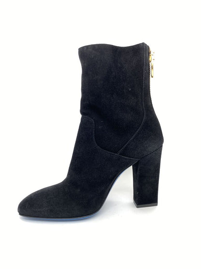 Black Suede Ankle Boot with Gold Accents
