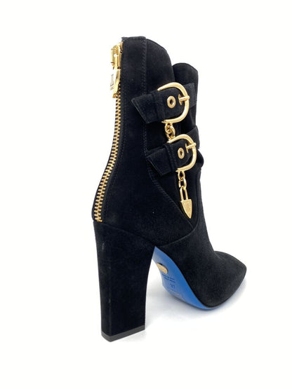 Black Suede Ankle Boot with Gold Accents