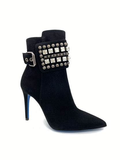 Black Suede Ankle Boot with Embellished Buckle