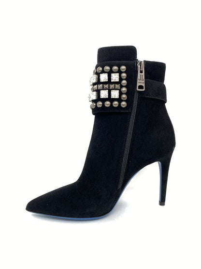 Black Suede Ankle Boot with Embellished Buckle
