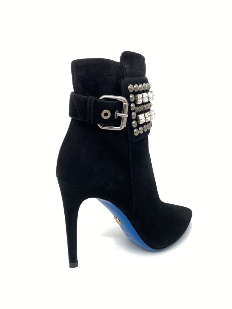 Black Suede Ankle Boot with Embellished Buckle