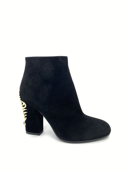 Black Suede Ankle Boot with Gold Heel Detail