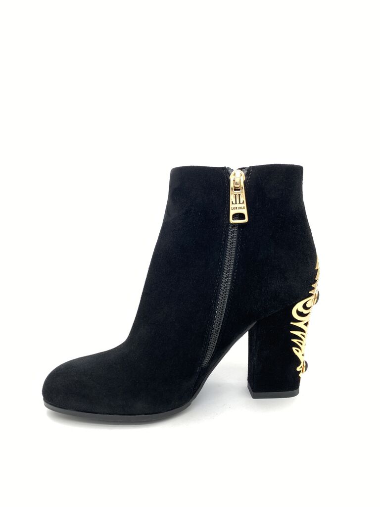 Black Suede Ankle Boot with Gold Heel Detail