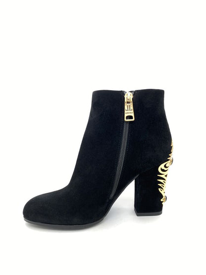 Black Suede Ankle Boot with Gold Heel Detail