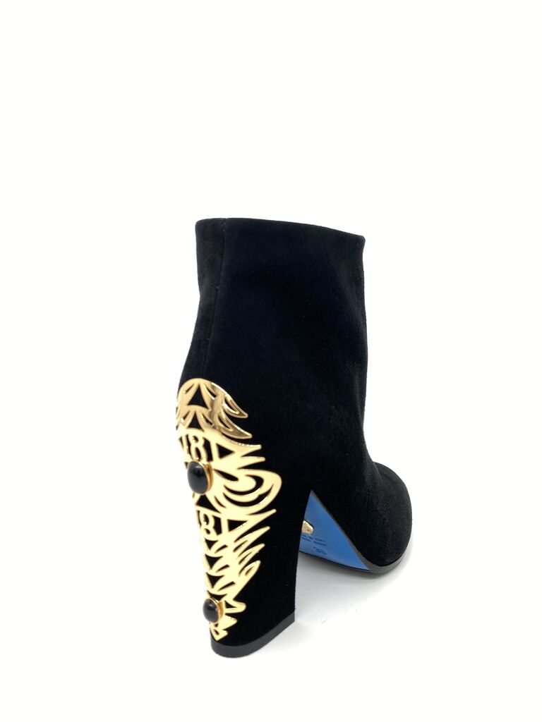 Black Suede Ankle Boot with Gold Heel Detail