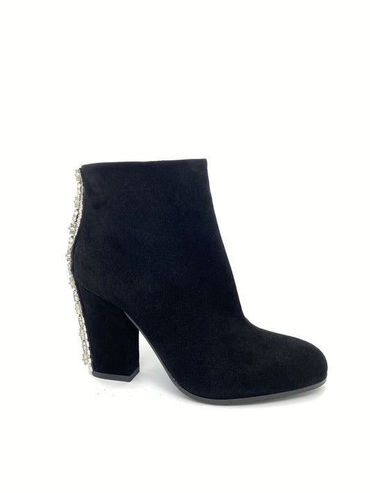 Black Suede Ankle Boot with Embellished Heel