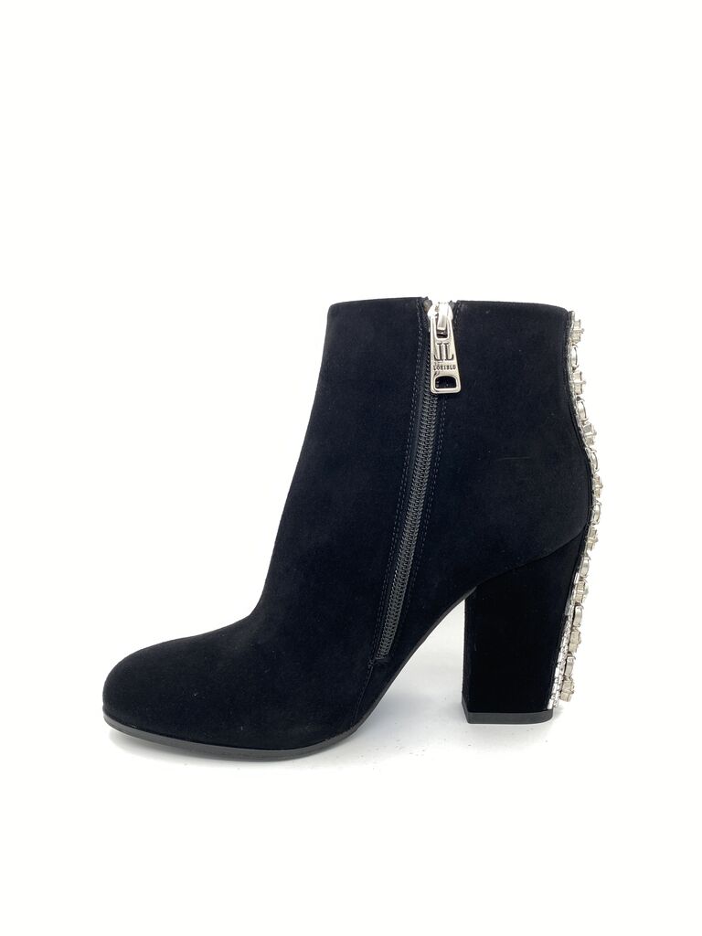 Black Suede Ankle Boot with Embellished Heel