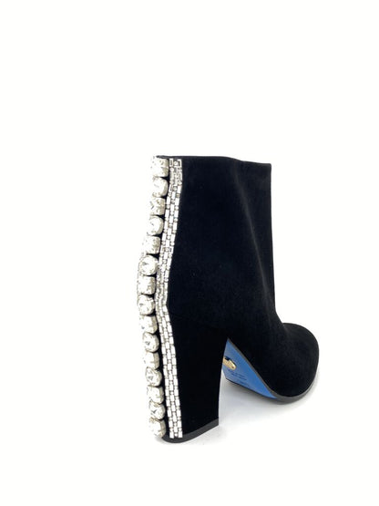 Black Suede Ankle Boot with Embellished Heel