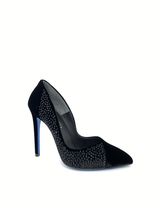 Black Velvet Embellished Pumps with Stiletto Heel