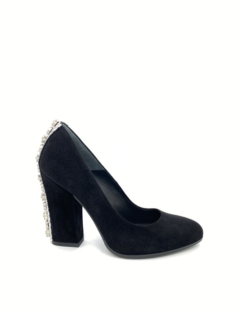 Black Suede Pumps with Embellished Heel
