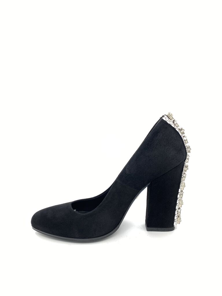 Black Suede Pumps with Embellished Heel