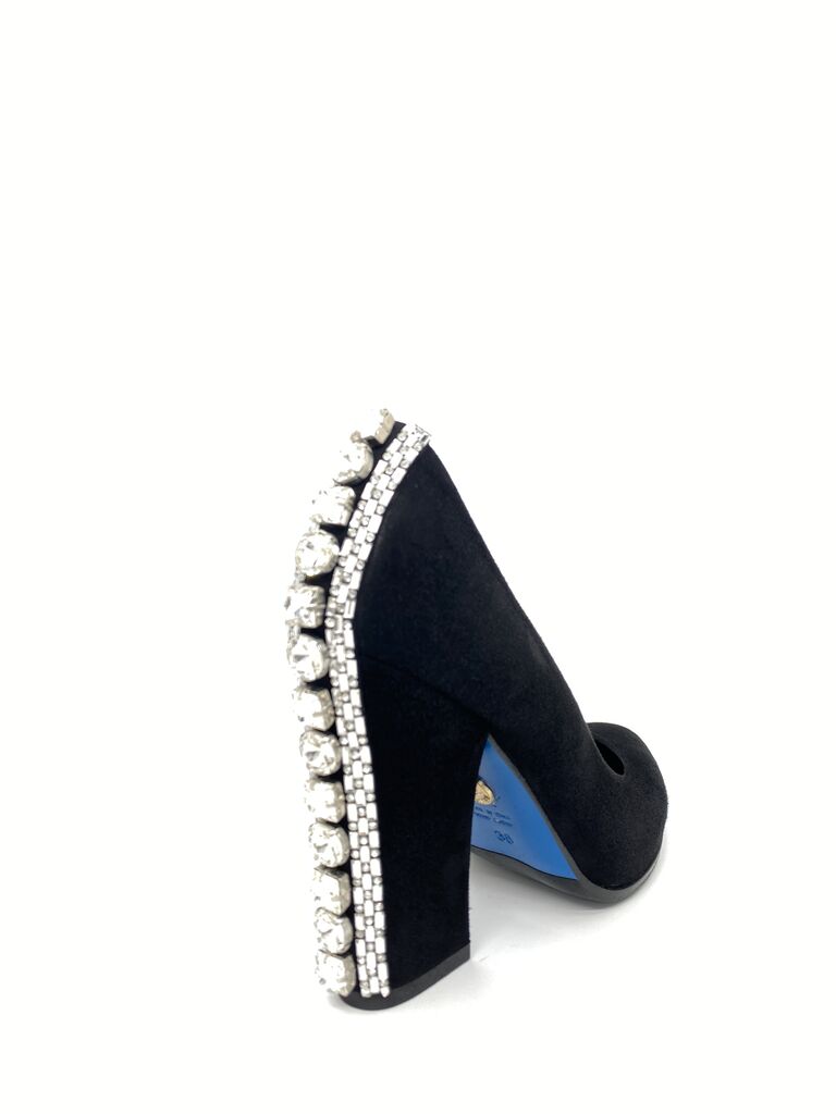 Black Suede Pumps with Embellished Heel