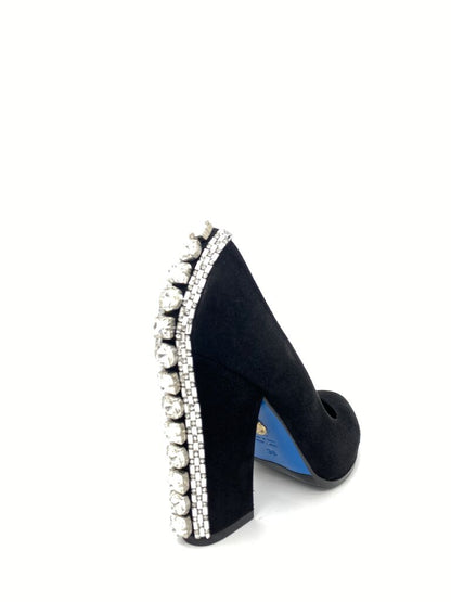 Black Suede Pumps with Embellished Heel