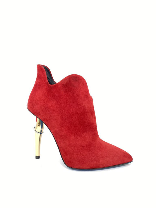 Red Suede Ankle Boots with Gold Heel